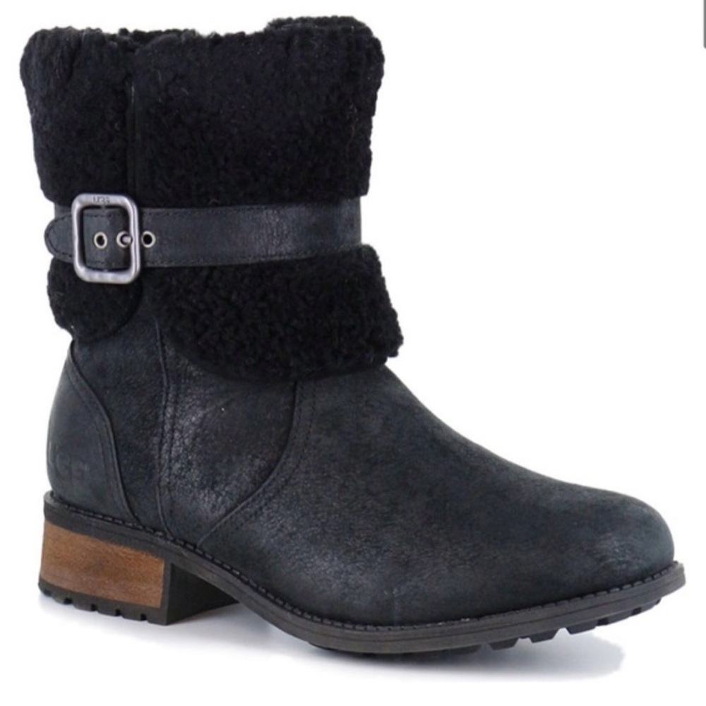 Black Faux-Shearling Ankle Boot with Buckle